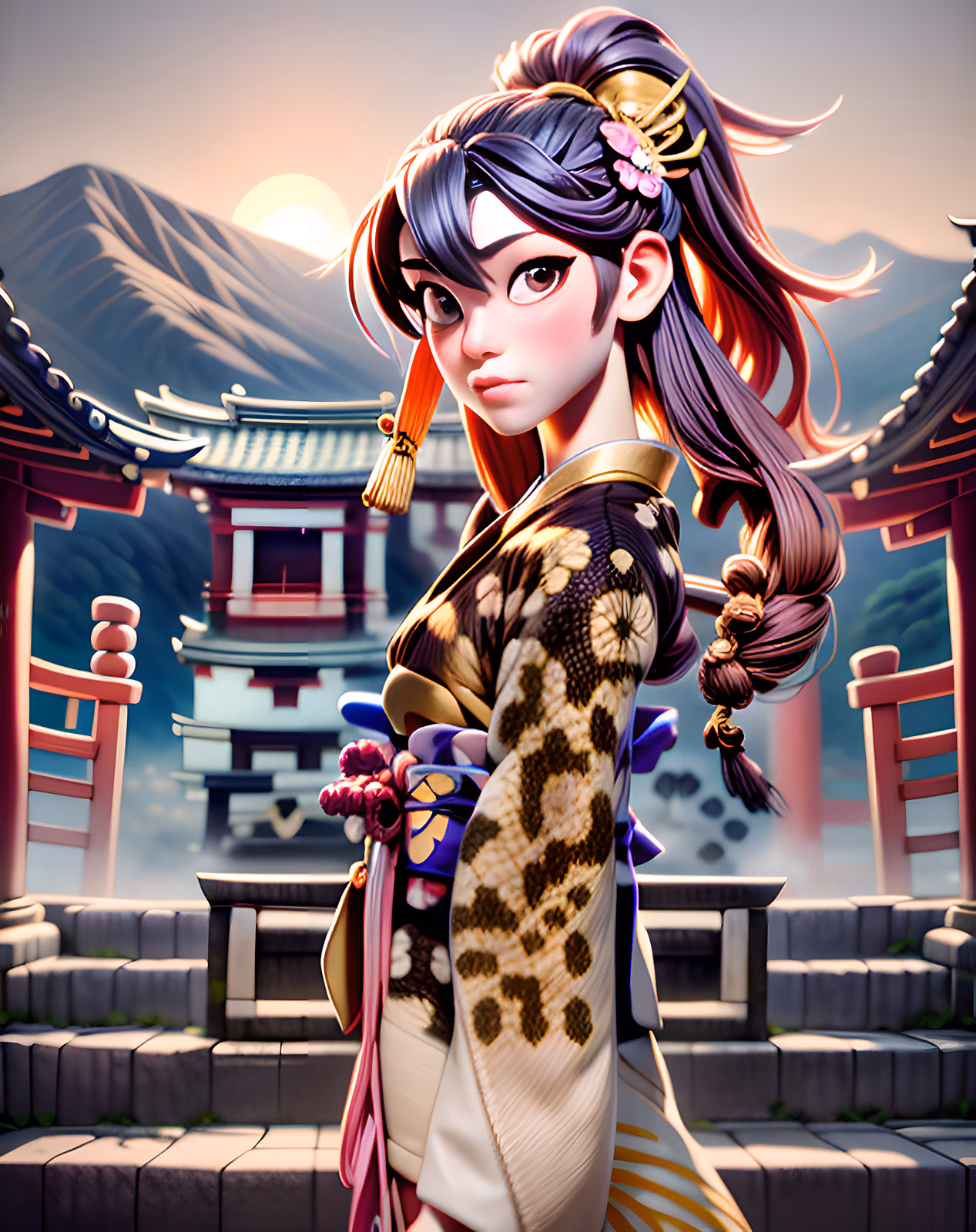 Japanese Woman Shrine Stylized 3D QR Code Art — image 1