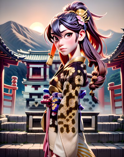 Japanese Woman Shrine Stylized 3D QR Code Art
