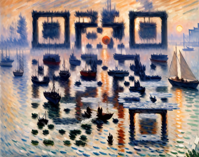 Impressionist Harbor Sailboats at Sunset QR Code Art — image 1