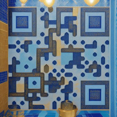 Persian Blue Gold Tile Wall QR Code Art