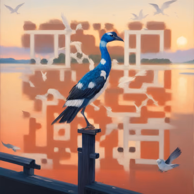 Sunset Lake Bird Painting QR Code Art — image 1