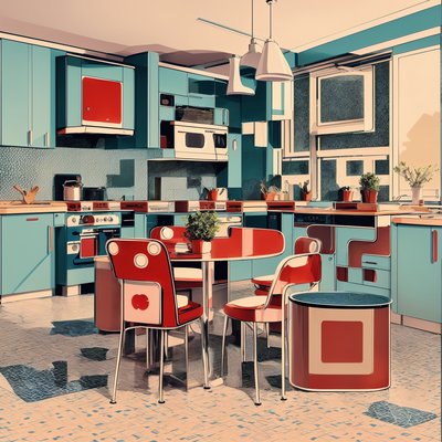 Retro Teal Kitchen Illustration QR Code Art