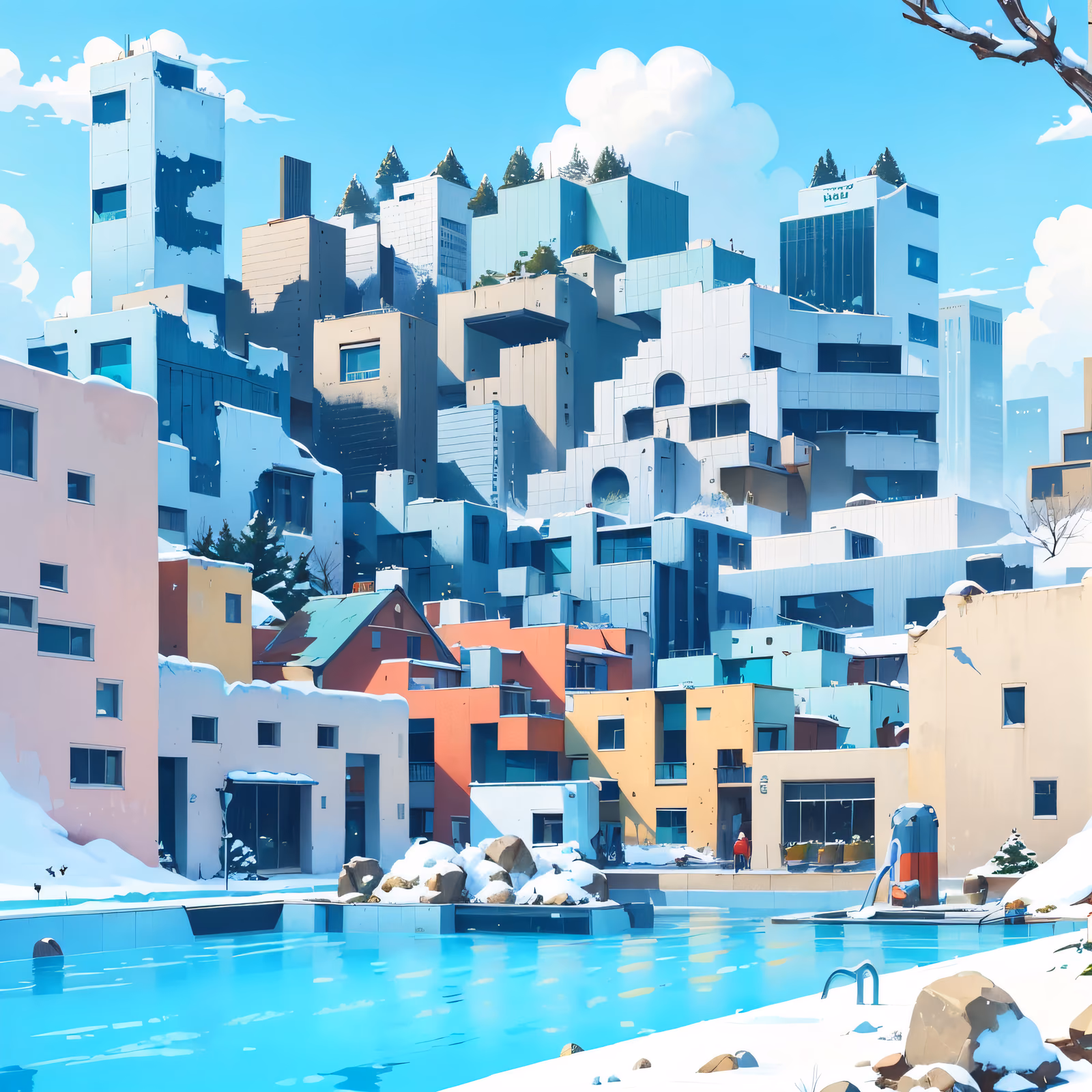 Snowy Hillside City Pool Illustration QR Code Art — image 1