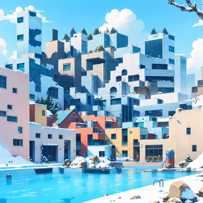 Snowy Hillside City Pool Illustration QR Code Art — image 1