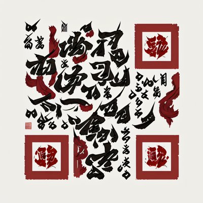 Red and Black Ink Calligraphy QR Code Art
