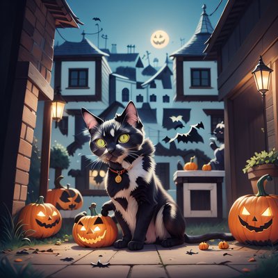 Чёрный кот и тыквы на Хэллоуин: мультяшный QR-код для плакатов