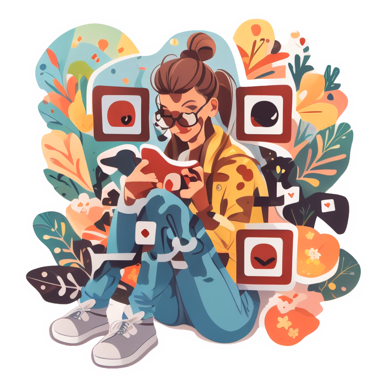 Женщина с книгой среди цветов: векторный QR-код для стикеров — изображение 1