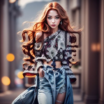 红褐色头发女性时尚肖像街景二维码艺术,适用于海报