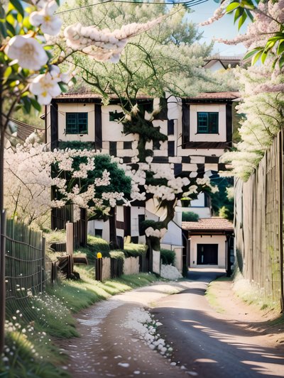 Blooming Village Lane Photorealistic QR Code Art