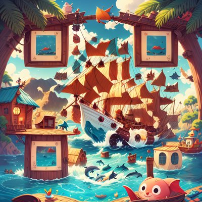 Pirate Ship and Dolphins Cartoon QR Code for Posters