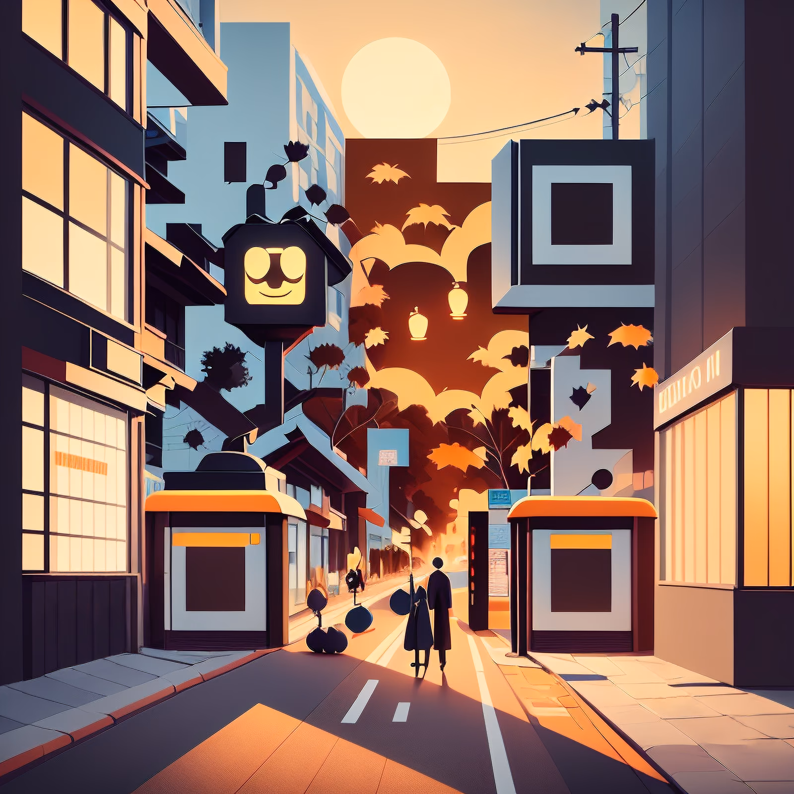 Autumn Street Sunset Flat Vector QR Code for Posters — image 1