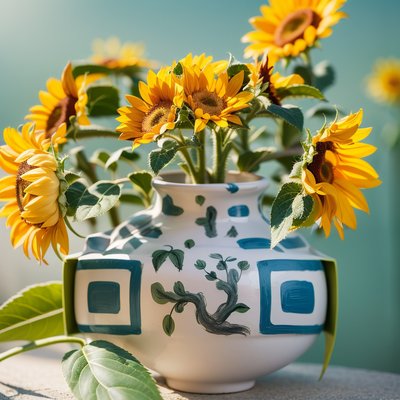Sunflowers in Painted Vase Photo QR Code Art