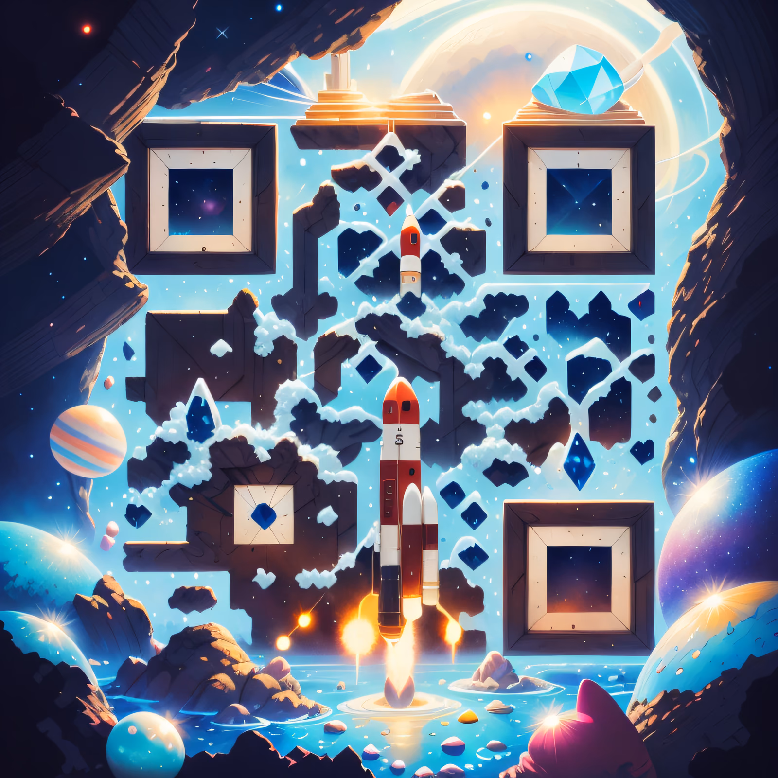 Ракета над кристальной пещерой: иллюстрация, QR-код для постеров — изображение 1