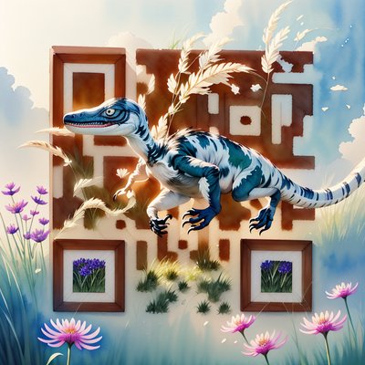 Velociraptor Meadow Watercolor QR Code Art