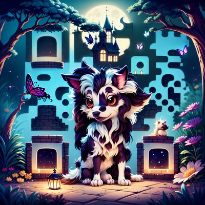 Мультяшный щенок в лунном саду: QR-код арт