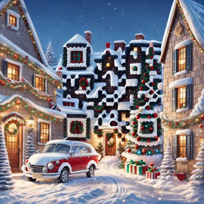 Snowy Christmas Village Digital Painting Gift QR Code for Greeting Cards