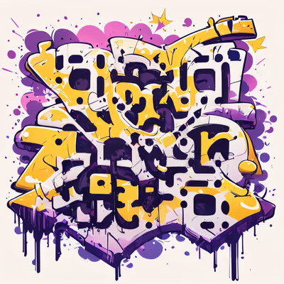 Purple Yellow Graffiti Lettering QR Code for Apparel — image 1