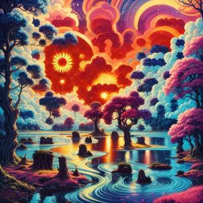 Psychedelic River Forest Sunset QR Code for Posters