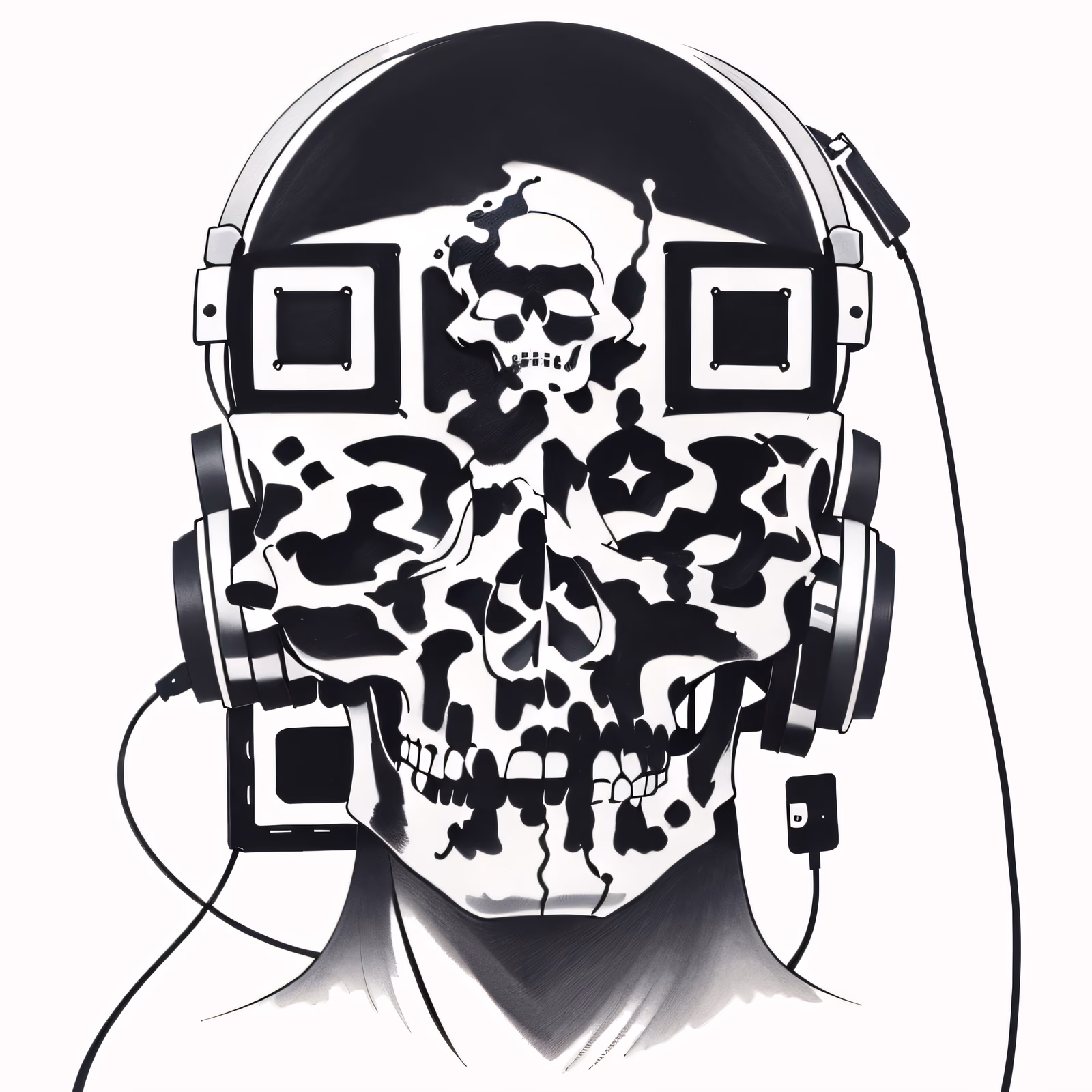 Череп в наушниках, татуировка тушью, QR-код для одежды — изображение 1