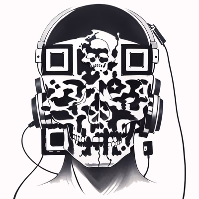 Череп в наушниках, татуировка тушью, QR-код для одежды — изображение 1