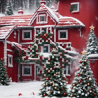 Snowy Red House Christmas Trees QR Code for Greeting Cards