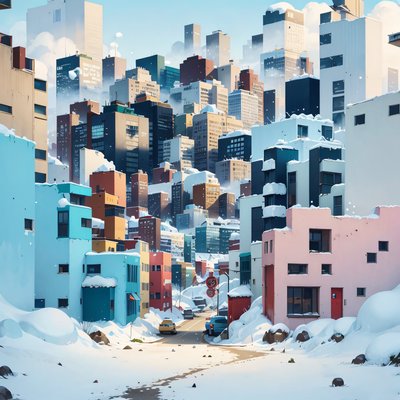 Snowy Hillside City Digital Painting Building QR Code Art