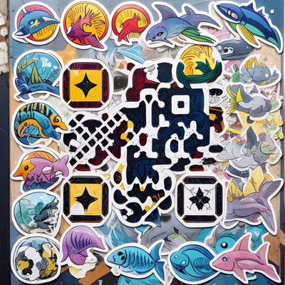 海洋鱼类贴纸拼贴贴纸二维码设计