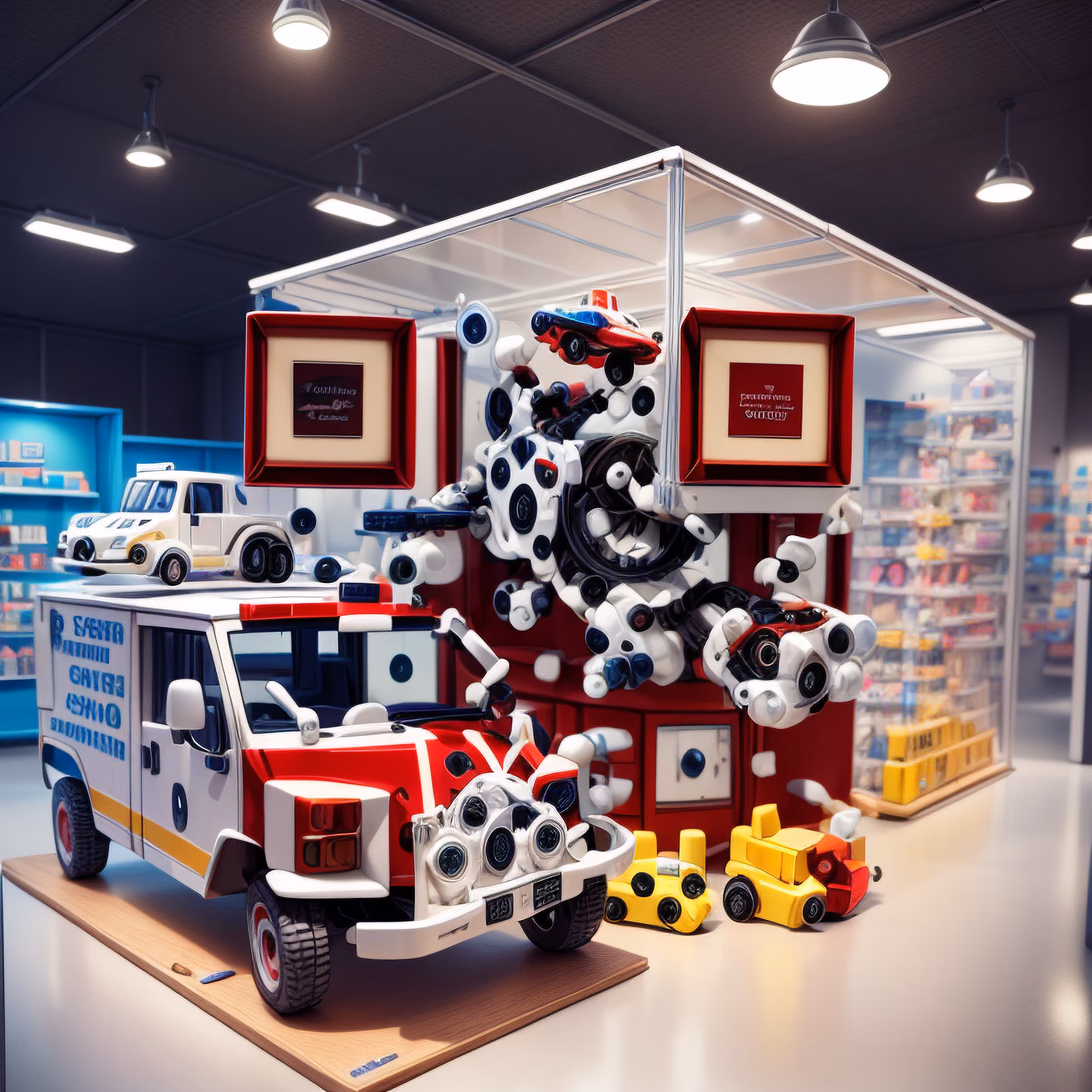 玩具救护车玩具店3D渲染二维码艺术,适用于店面展示 — 图片 1