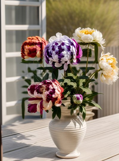 Peonies in Ceramic Vase Photo QR Code Art