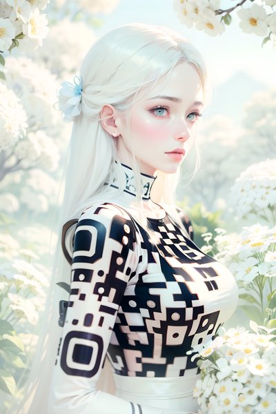 White Haired Woman Floral Anime QR Code Art