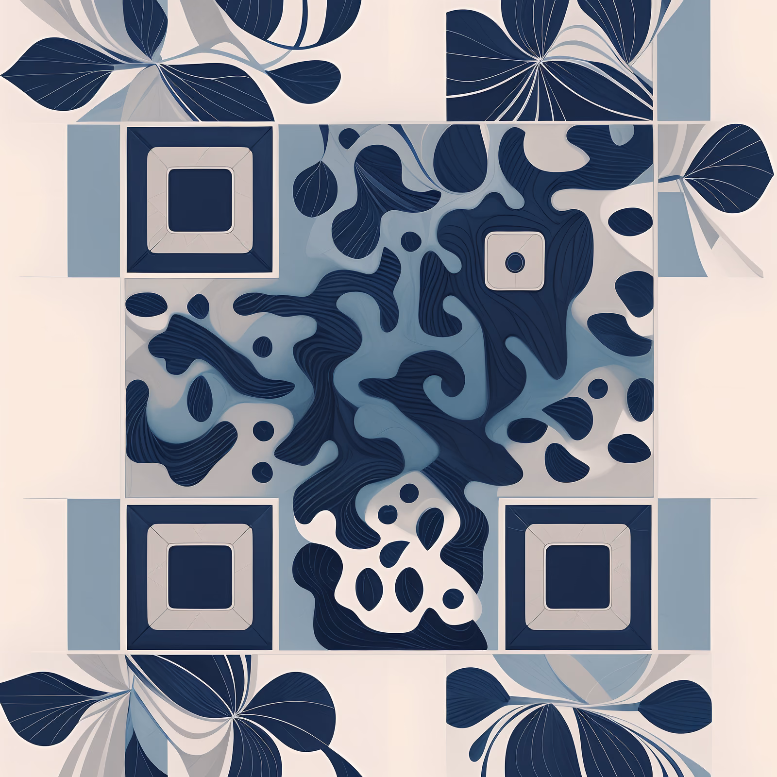 Navy Floral Delft Tile Minimalist QR Code Art — image 1