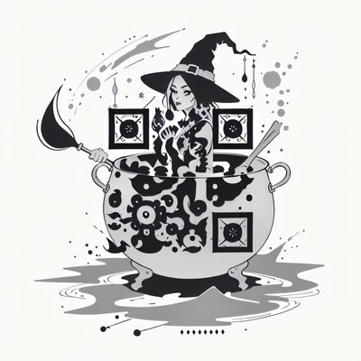 Witch Cauldron Ink Drawing QR Code for Temporary Tattoos