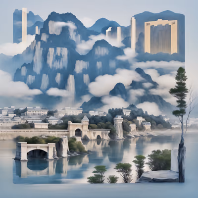 Chinese Ink Mountain City Landscape QR Code Art — image 1