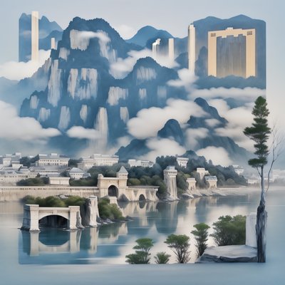 Chinese Ink Mountain City Landscape QR Code Art