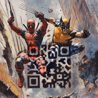 Герои в масках в прыжке, комикс-живопись: QR-код для постеров — изображение 1