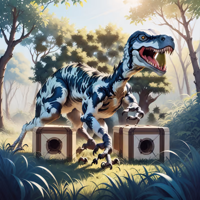 Velociraptor in Sunlit Thicket Gouache QR Code for Posters — image 1