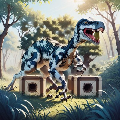 Velociraptor in Sunlit Thicket Gouache QR Code for Posters