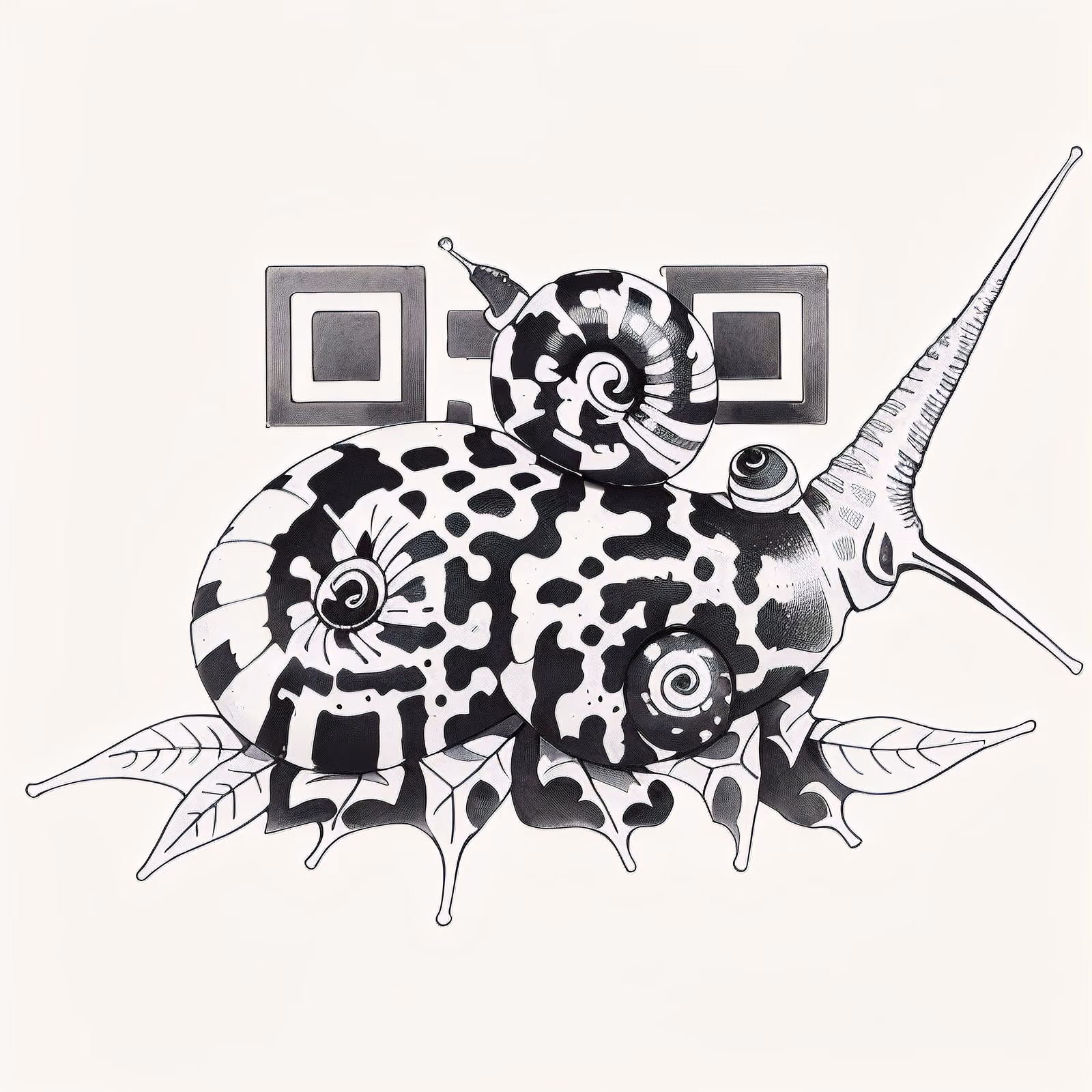 Улитка на листьях: QR-код в стиле чернильной татуировки для временных тату — изображение 1
