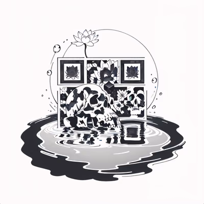 骷髅与莲花墨迹纹身风格二维码艺术,适用于临时纹身 — 图片 1