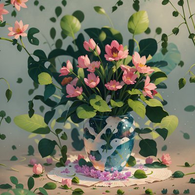Pink Flowers Glass Vase Painting QR Code Art