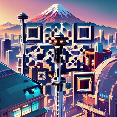 西雅图天际线游戏风格二维码艺术,适用于海报