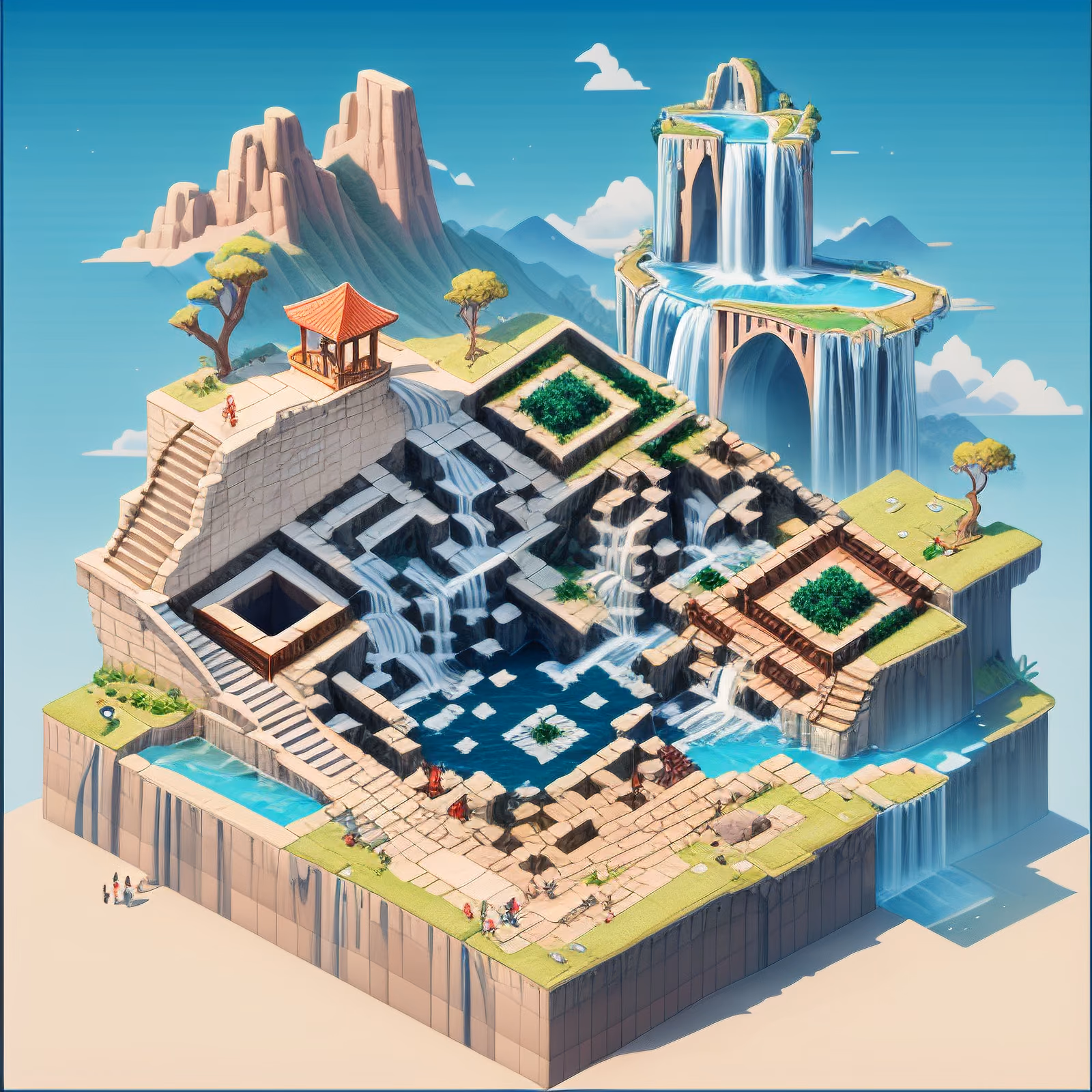 Isometric Waterfall Cliff Landscape QR Code for Posters — image 1