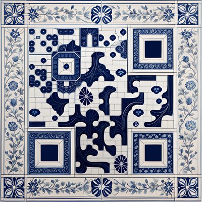 Delft Blue Tile Floral QR Code Art