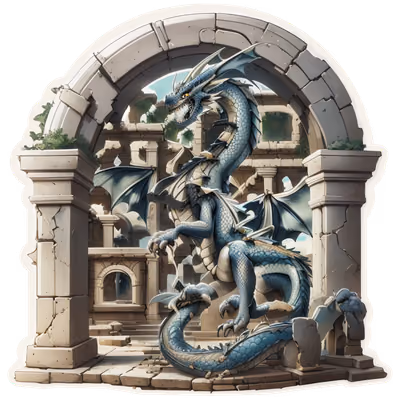 Blue Dragon Among Ancient Ruins QR Code for Stickers — image 1