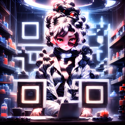 Cyberpunk Woman at Laptop Desk QR Code for Posters — image 1