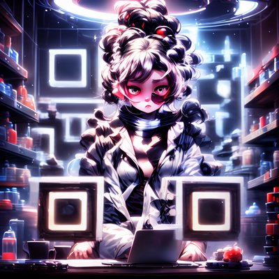 Cyberpunk Woman at Laptop Desk QR Code for Posters