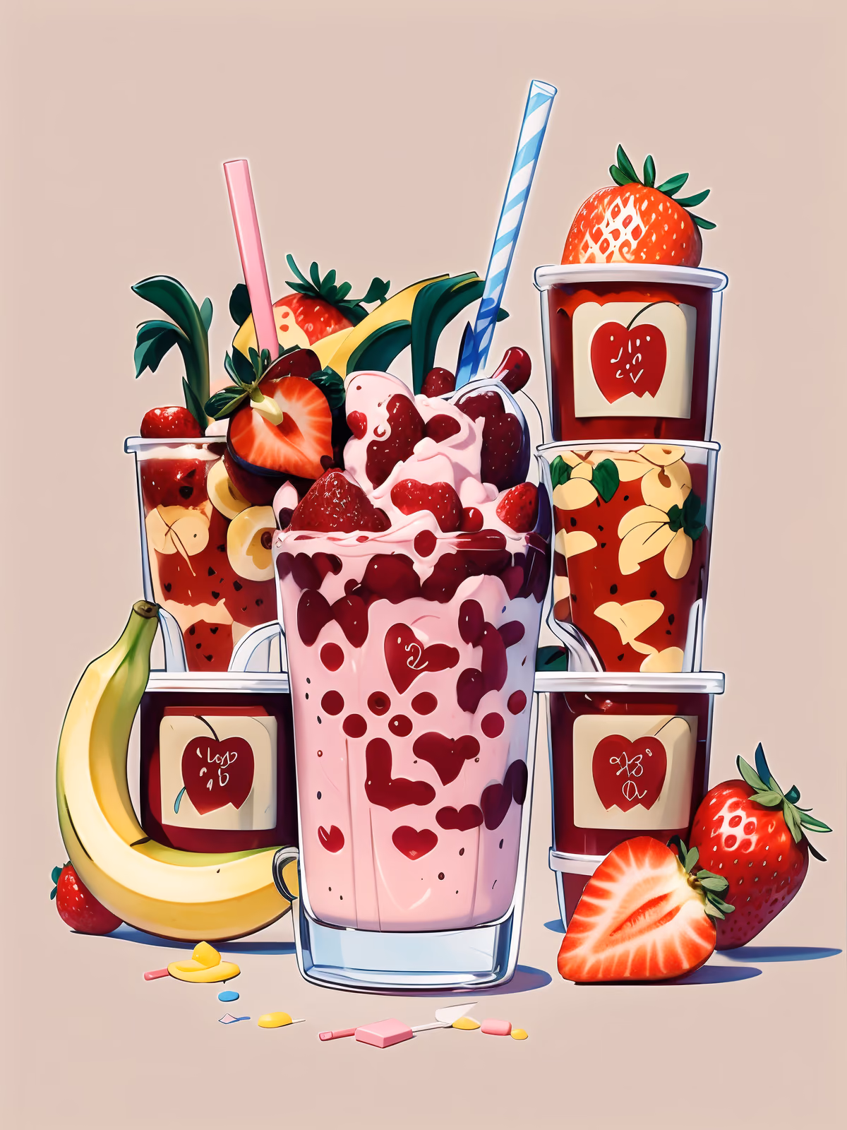 Strawberry Banana Smoothie Cartoon QR Code for Restaurant Menus — image 1