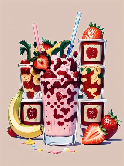 Strawberry Banana Smoothie Cartoon QR Code for Restaurant Menus