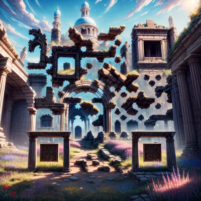 Floating Ancient Ruins Fantasy QR Code Art — image 1