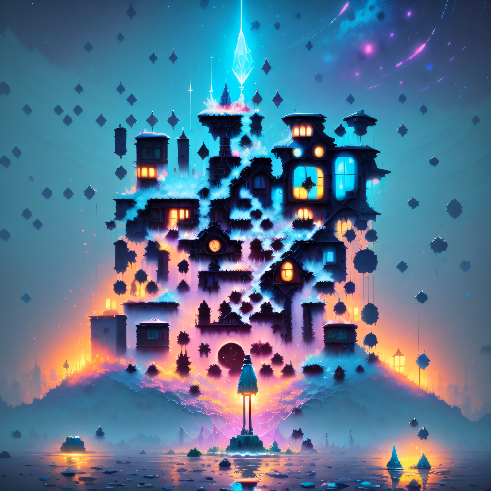 Glowing Fantasy Village Night Scene QR Code Art — image 1